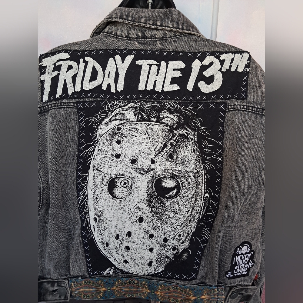 Custom RAGE Horror Cropped Grey Denim Jacket! OOAK Unique Fandom Wear! Friday 13 - Picture 16 of 16